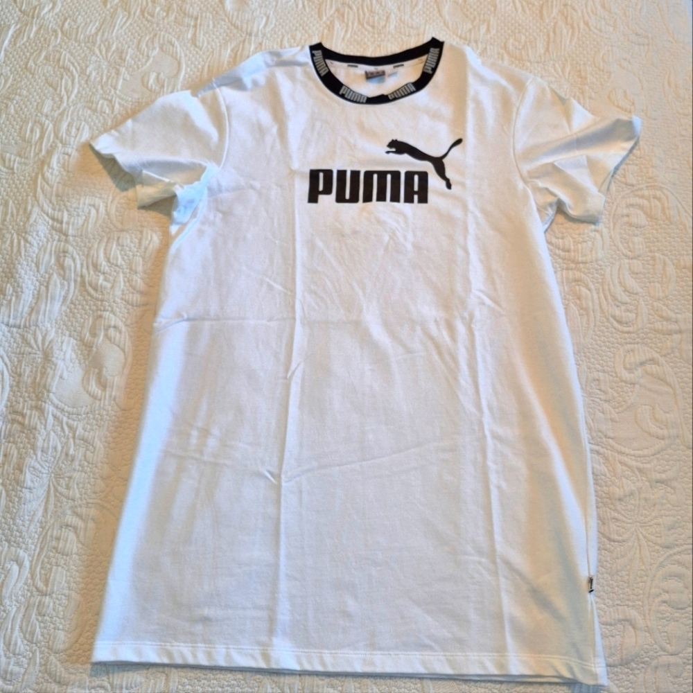 Puma Amplified women's size Medium Tee Dress white with black print NWOT